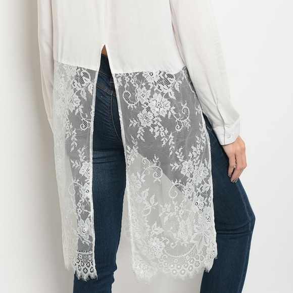 Ivory Tunic Lace Trim Button Down Shirt - Picture 3 of 7